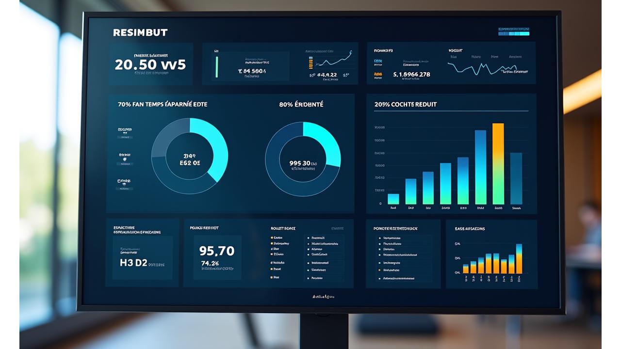 Tableau de bord interactif affichant des graphiques de performance avec un design futuriste. On y voit des métriques clés comme le temps économisé, les coûts réduits, le taux de satisfaction client (97.3%) et la réduction de l'empreinte carbone, utilisant la palette de couleurs d'Azimut Tech.