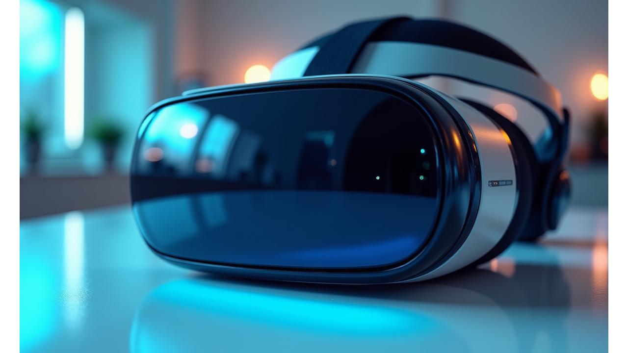 Casque de réalité virtuelle de haute technologie posé sur une surface futuriste, avec des reflets bleus et orange, symbolisant l'innovation et la technologie de pointe.